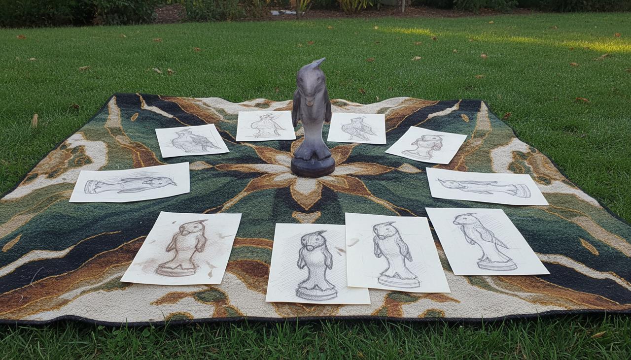Crested bird sculpture with ten pencil studies arranged around it